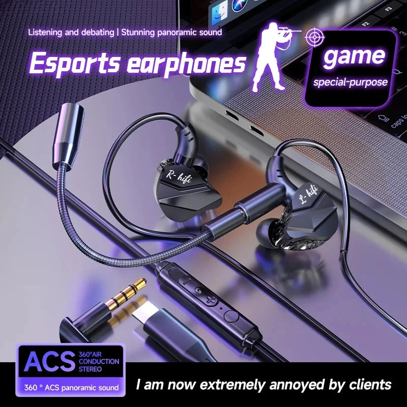 Gaming Gamer Headphone with Dual Microphones Type C&3.5Mm In-Ear Earphones Hifi Stereo Headsets Sport with HD Mic for Samsung